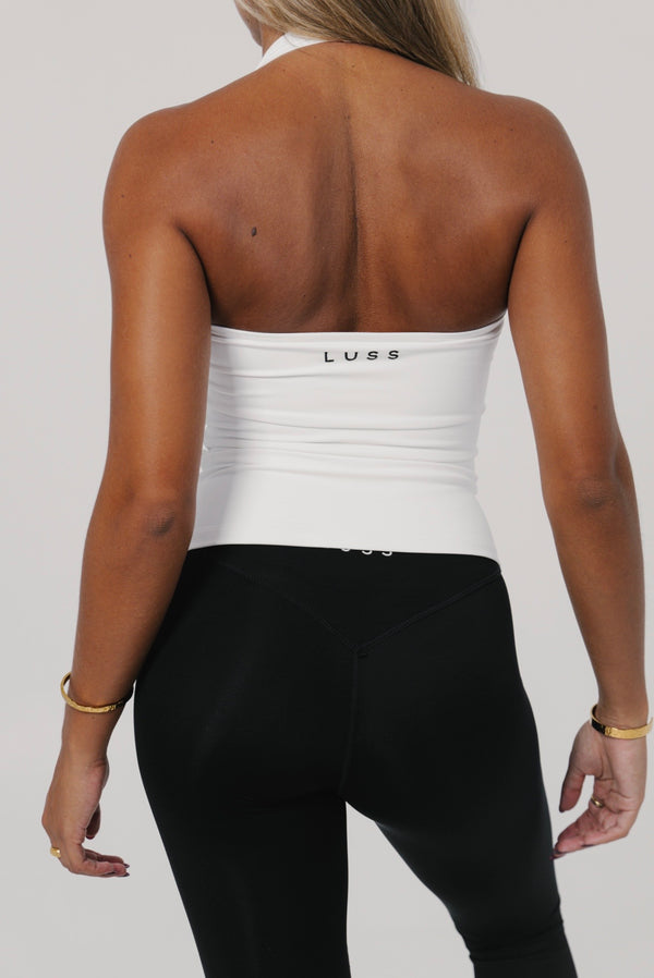 Porcelain White sculpting halter crop top — Muse Halter by LUSS Active
