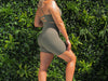 A back photo of the Sage Green bike shorts on our model Maddi from photoshoot day