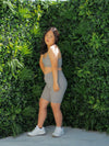 Yena in the Cloud Light Grey Bike Shorts and Majestic bra, styled criss cross at the back, doing a beautiful pose.